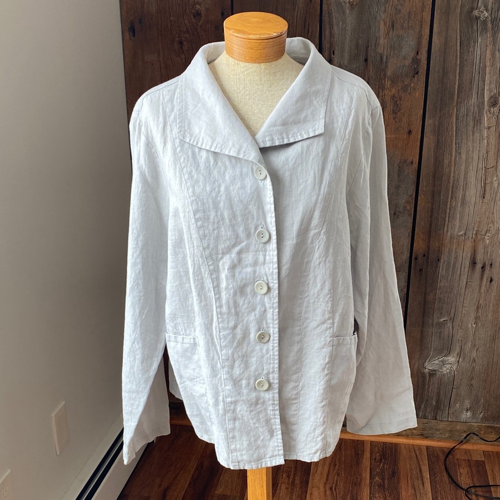Flax linen button up oversized long sleeve jacket with pockets Sz M light grey